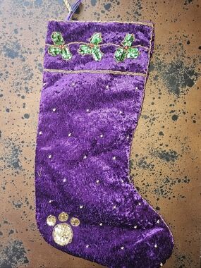 Purple Velvet Beaded Christmas Stocking with Green Sequin Holly